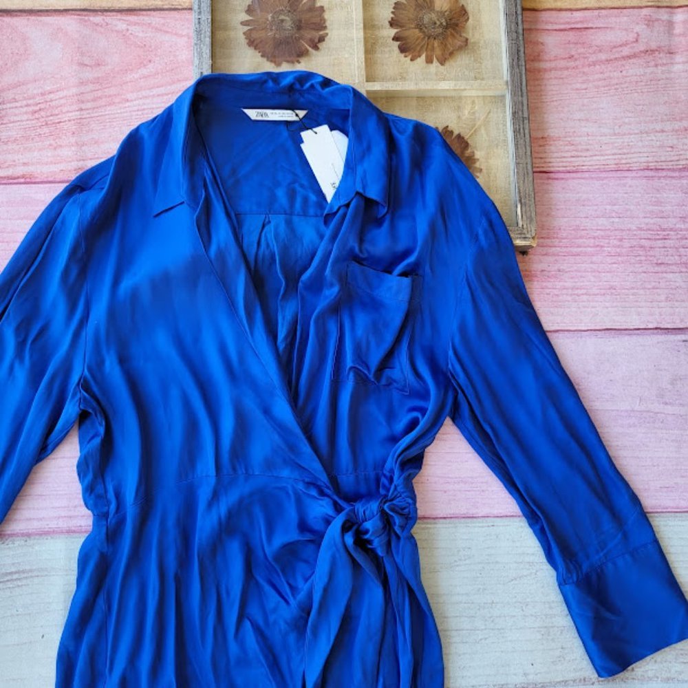 NWT Zara Cobalt Blue Satin Bloggers Effect Tie Waist Mini Shirt Dress XXL - Picture 3 of 7